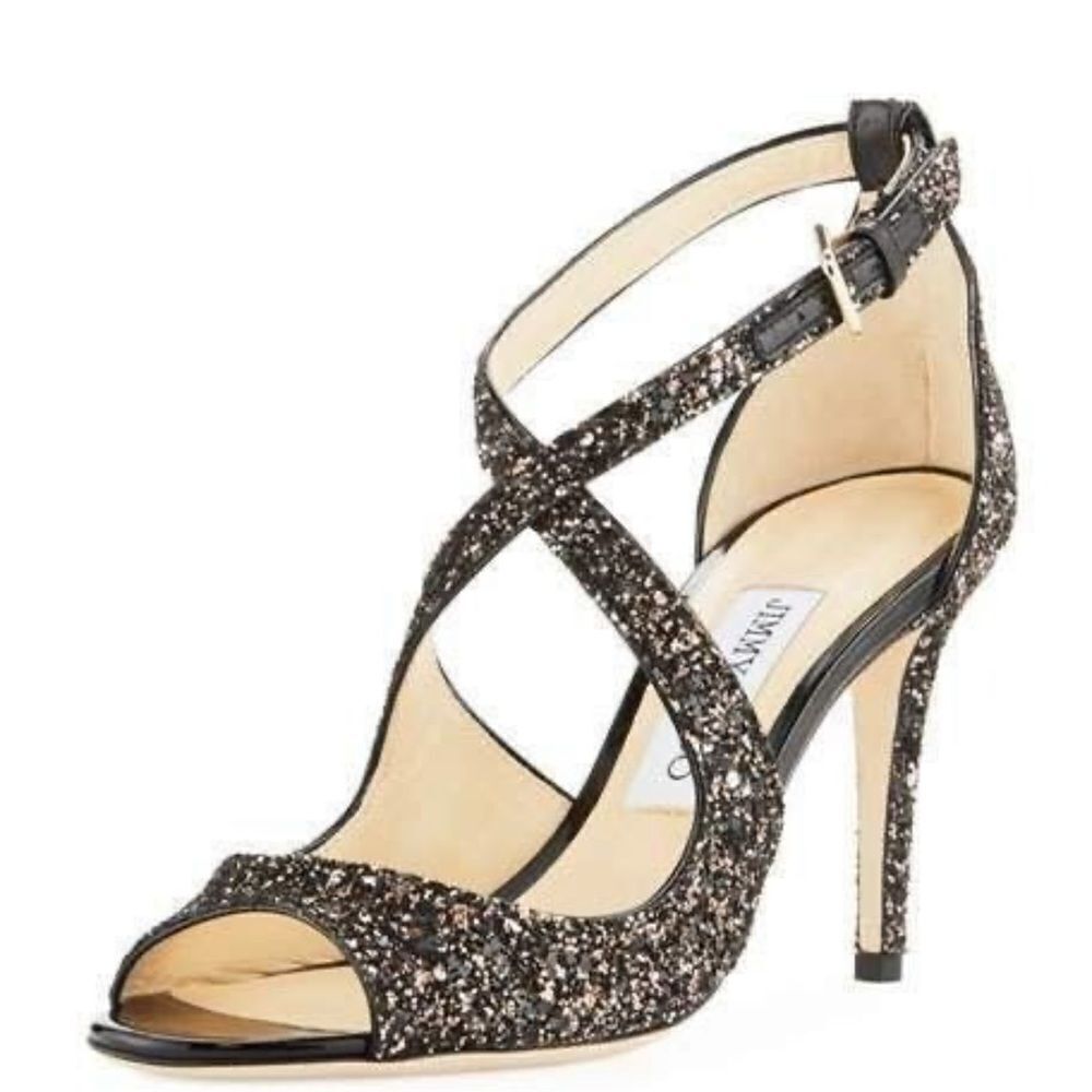 Jimmy Choo 11/41 Emily 85 Bronze Mix Midnight Coarse Glitter Heels Sandals